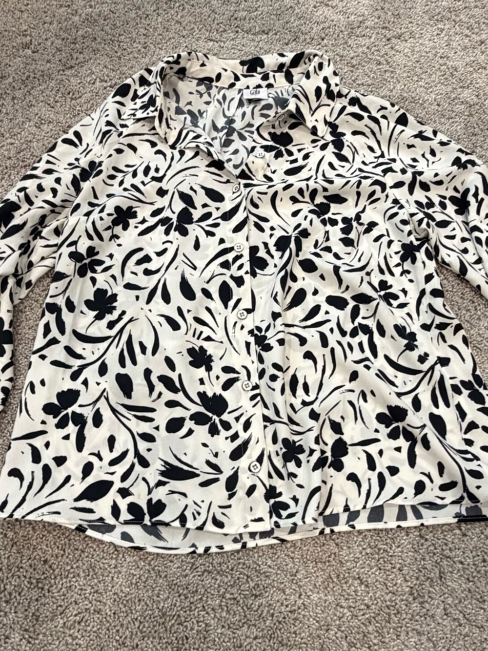 CAbi Black and Cream Floral Button-Up Blouse